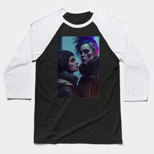 Futuristic Cyberpunk Lesbian Lovers Embrace in Emotional Portrait Baseball T-Shirt